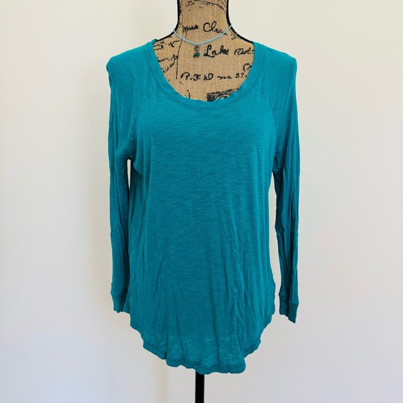 Aerie Round Neck Tissue Turquoise Cotton Long Sleeve Loose Fit Top Size Medium - Picture 1 of 8